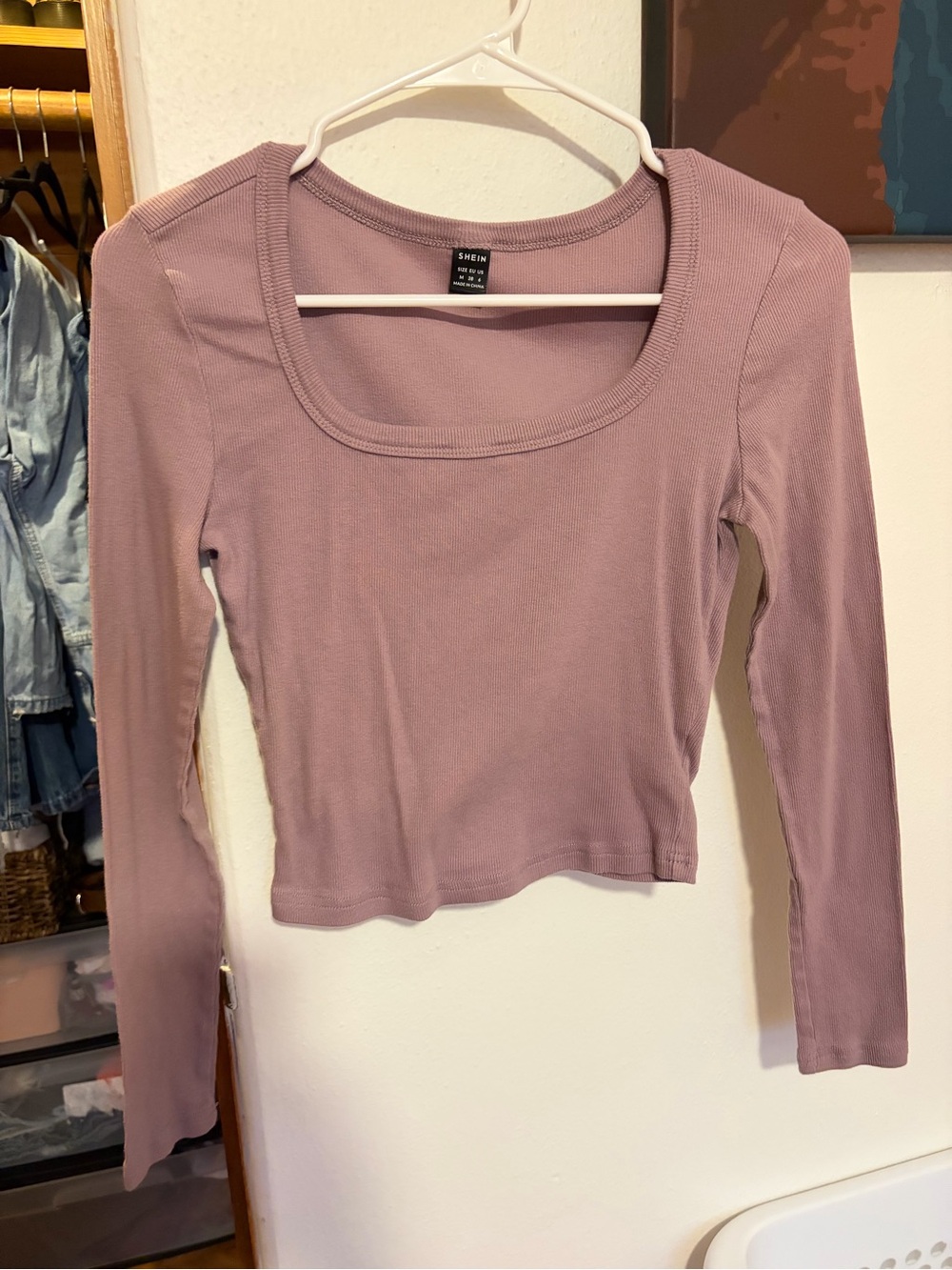 SHEIN Scoop Neck Long-Sleeve Ribbed Top — Dusty Mauve